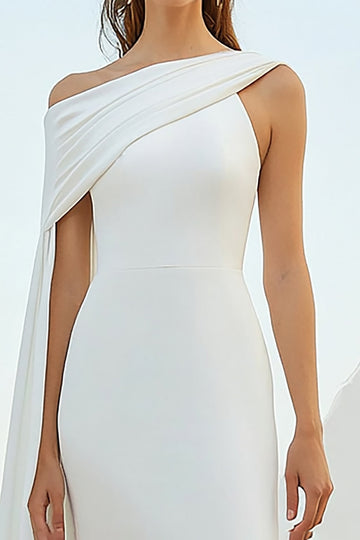White Sheath One Shoulder Cape Long Graduation Dress